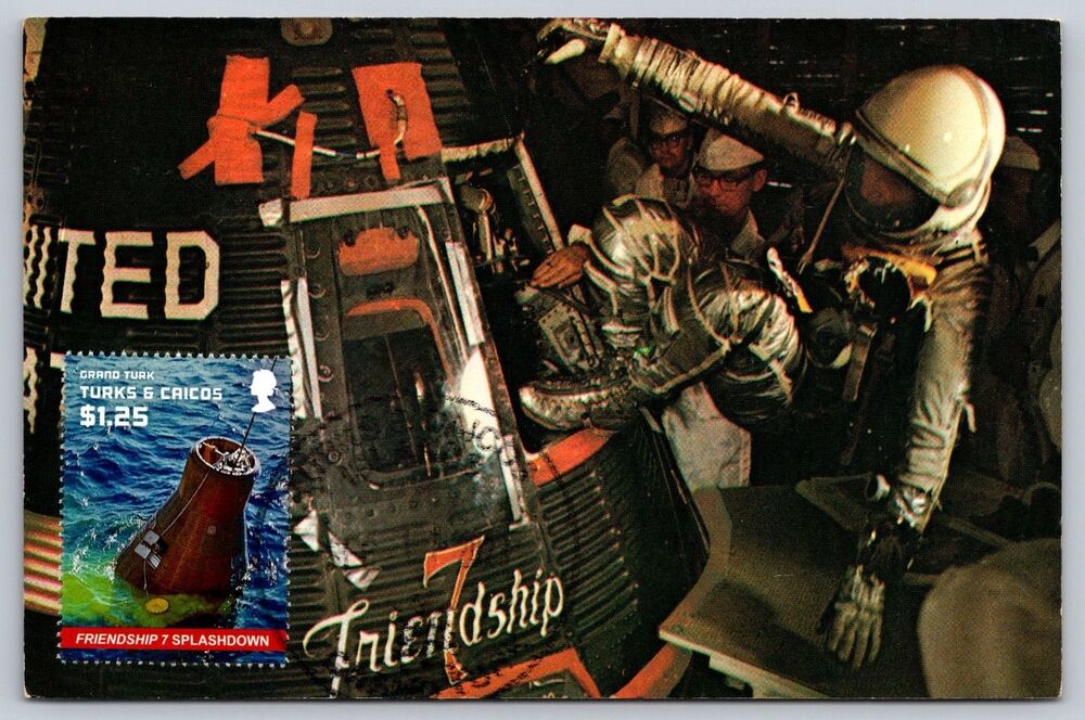 Vintage John Glenn Friendship 7 Postcard w/ 1982 Turks & Caicos $1.25 Stamp